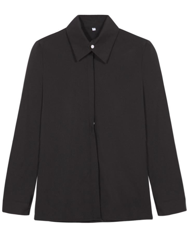 Romwe Lapel Long Sleeve Slim Black Blouse