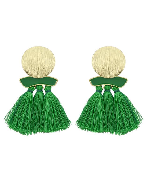 Romwe Green Boho Earrings Round Metal With Colorful Handmade Tassel Drop Earrings