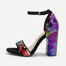 Romwe Sequin Decorated Ankle Strap Heels