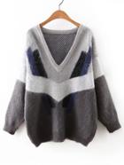 Romwe Multicolor V Neck Elastic Cuff Sweater