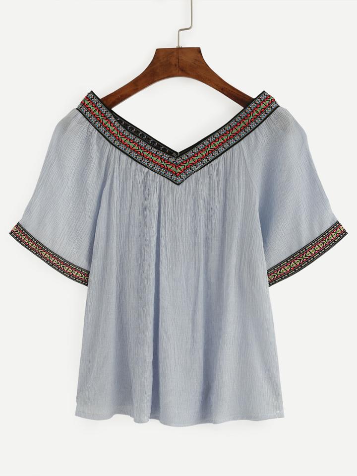 Romwe Blue Crinkle Blouse With Embroidered Tape Detail