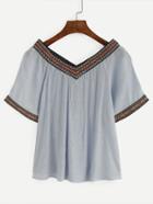 Romwe Blue Crinkle Blouse With Embroidered Tape Detail