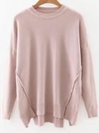 Romwe Pink Drop Shoulder Ribbed Hem Split Knitwear