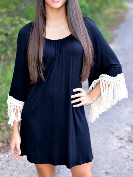Romwe Round Neck Tassel Shift Dress