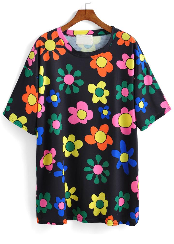 Romwe Flower Print Black T-shirt