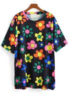 Romwe Flower Print Black T-shirt