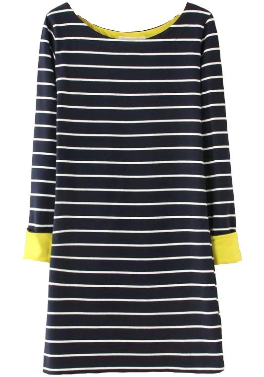Romwe Striped Contrast Yellow Cuff Black Dress