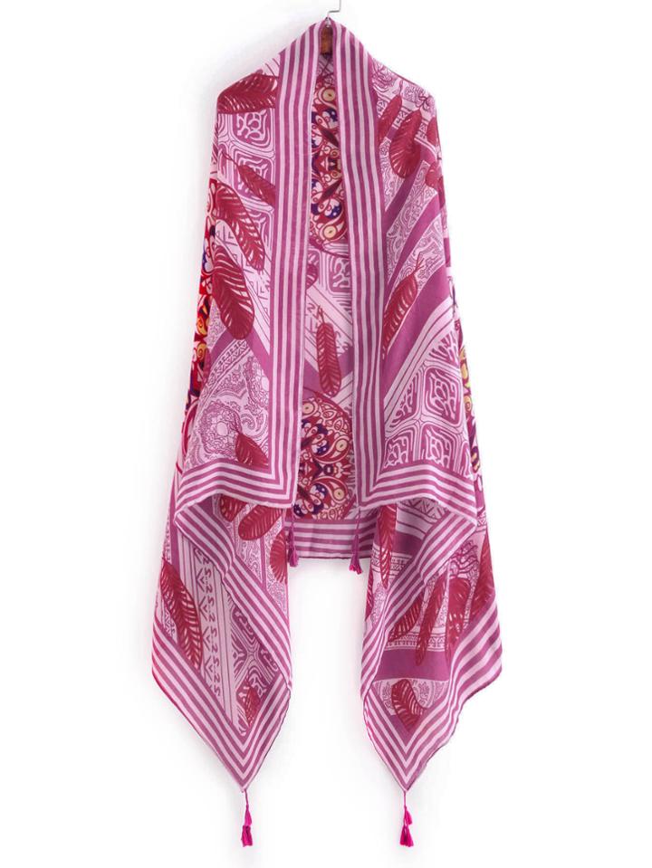 Romwe Feather Print Tassel Detail Scarf