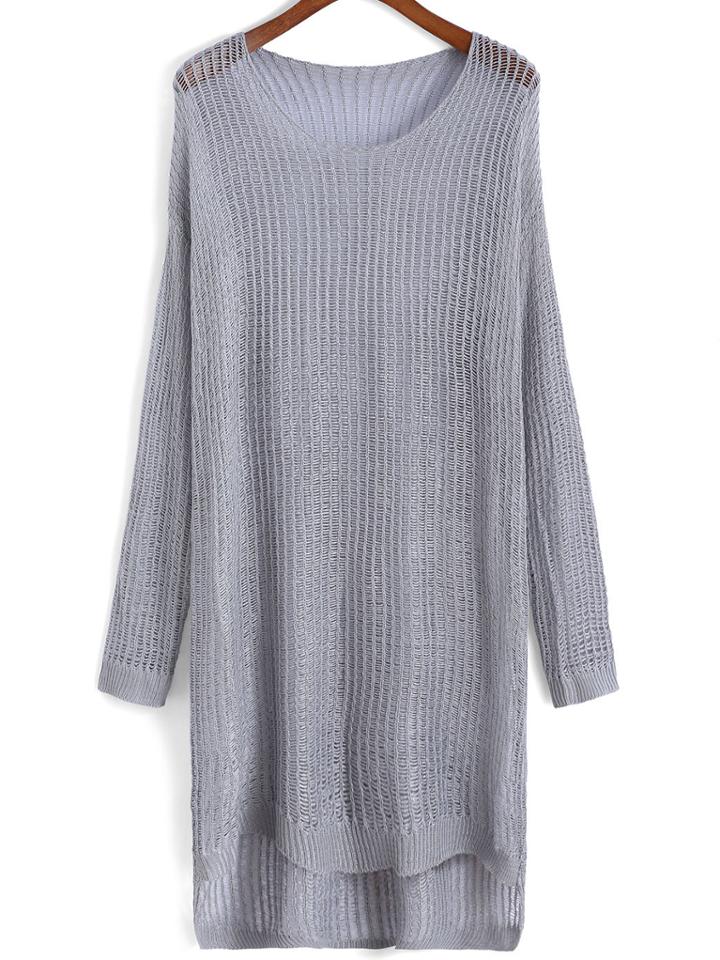 Romwe Dip Hem Open-knit Grey Sweater