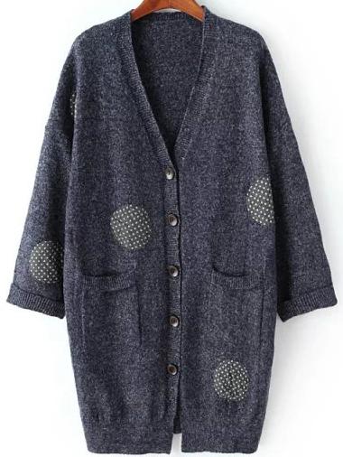 Romwe Polka Dot Buttons Pockets Long Navy Cardigan