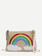 Romwe Khaki Sequin Rainbow Embellished Straw Chain Bag