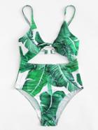 Romwe Tropical Print Knot Front Swimsuit