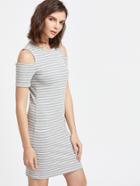 Romwe Grey Striped Open Shoulder Sheath Knitted Dress