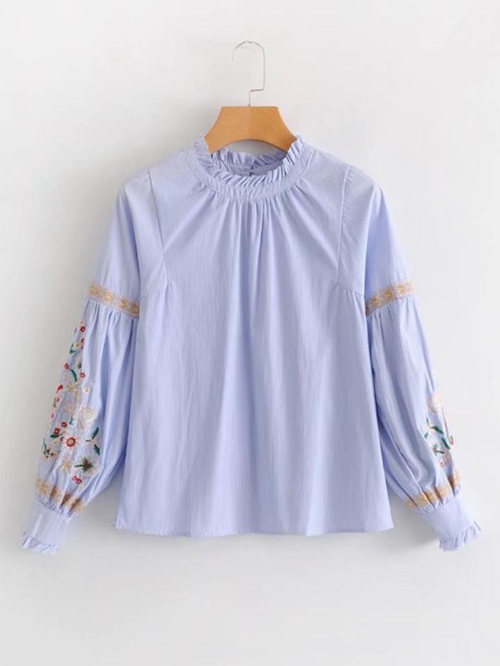 Romwe Frill Detail Embroidered Lantern Sleeve Striped Blouse