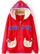 Romwe Hooded Hello Kitty Pattern Pockets Red Sweatshirt
