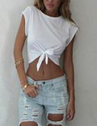 Romwe White Round Neck Knotted Crop T-shirt