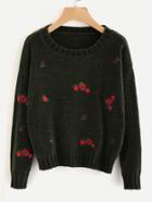 Romwe Ribbed Trim Flower Embroidered Jumper