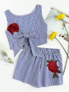 Romwe Rose Embroidered Patch Stripe Bow Tie Top With Shorts