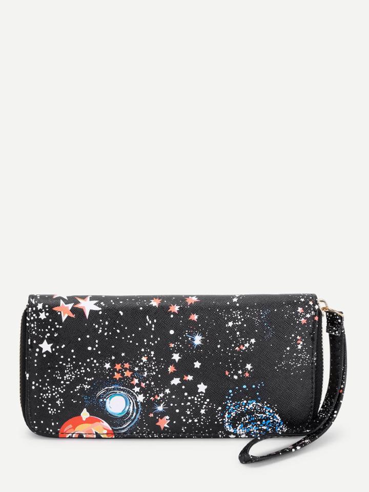 Romwe Galaxy Print Zip Around Pu Purse
