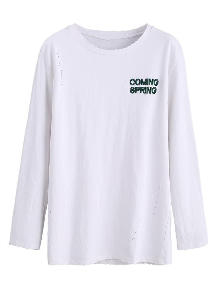 Romwe White Letter Embroidered Distressed T-shirt
