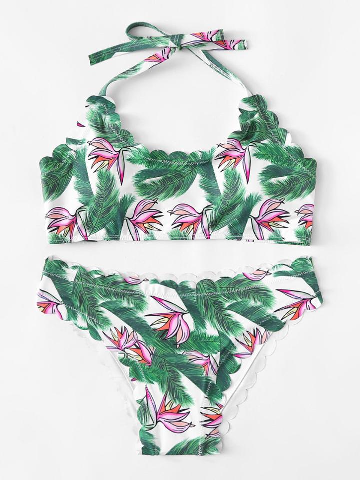Romwe Scalloped Trim Leaf Print Bikini Set
