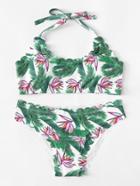 Romwe Scalloped Trim Leaf Print Bikini Set
