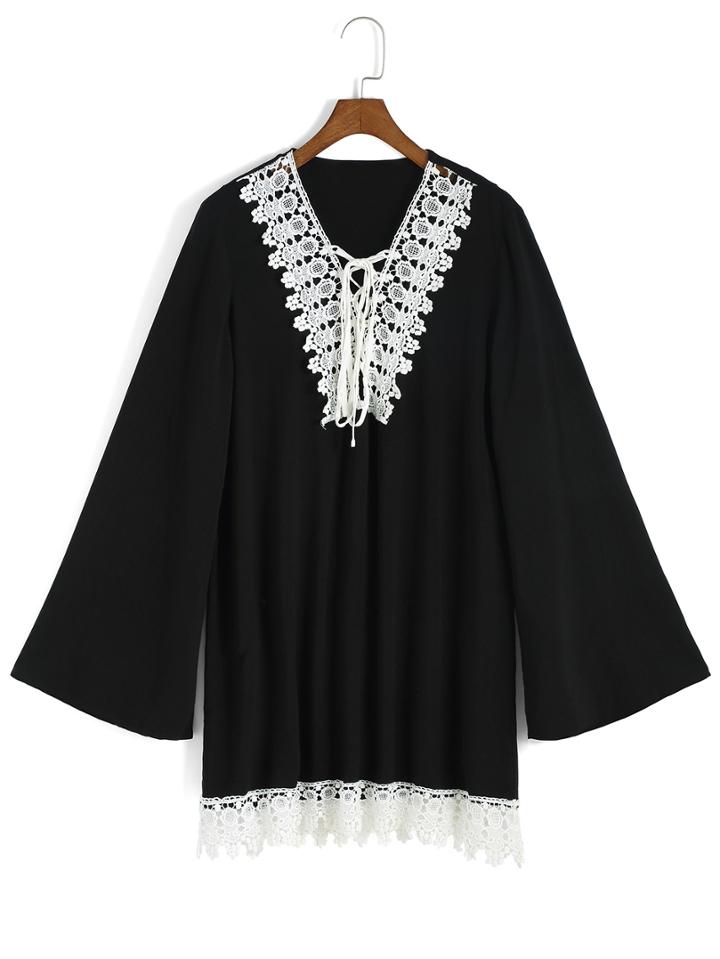 Romwe V Neck Contrast Lace Shift Dress