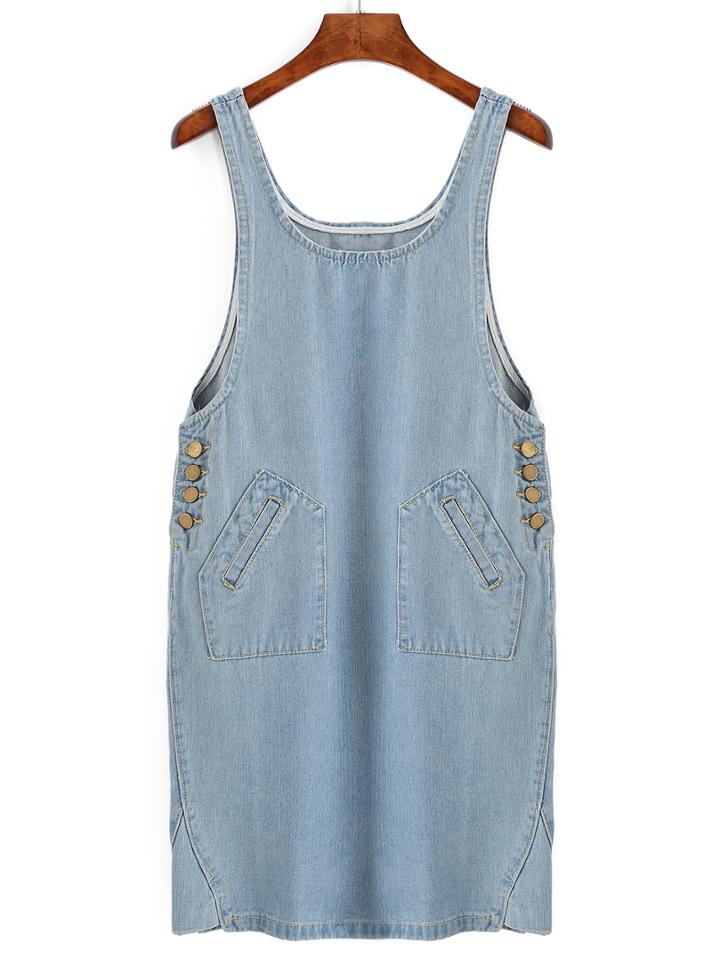 Romwe Scoop Neck Denim Tank Dress With Pockets