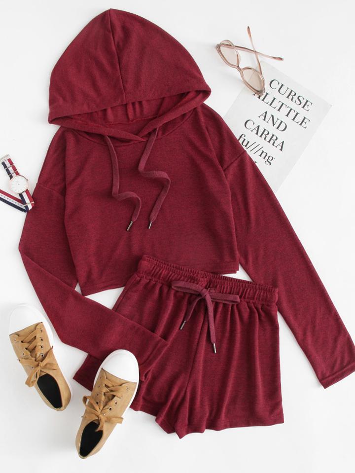 Romwe Drop Shoulder Drawstring Top With Shorts