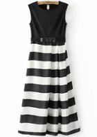 Romwe Black Sleeveless Striped Pleated Dress
