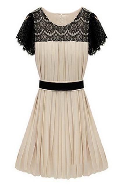 Romwe Romwe Belted Cut-out Lace Crochet Pleated Cream Dress