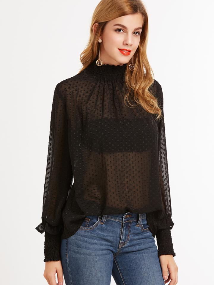 Romwe Sheer Dotted Blouse With Smocked Detail