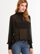 Romwe Sheer Dotted Blouse With Smocked Detail