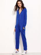 Romwe Blue Zipper Front Hooded Jumpsuit With Pockets