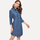 Romwe Pocket Side Curved Hem Denim Shirt Dress