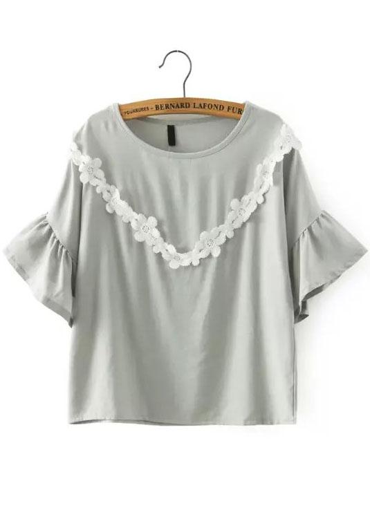 Romwe Butterfly Sleeve Contrast Applique Green Top