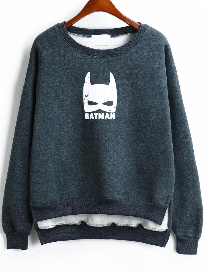 Romwe Dip Hem Batman Print Thicken Grey Sweatshirt