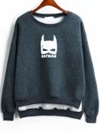 Romwe Dip Hem Batman Print Thicken Grey Sweatshirt