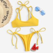 Romwe Strappy Top With Tie Side Bikini Set