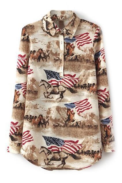 Romwe Knight And Union Jack Print Blouse