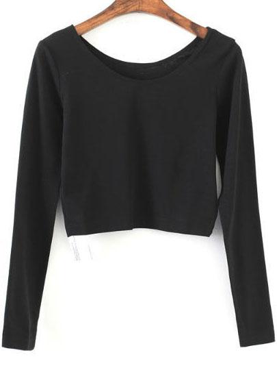 Romwe Black Long Sleeve Crop T-shirt