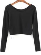 Romwe Black Long Sleeve Crop T-shirt