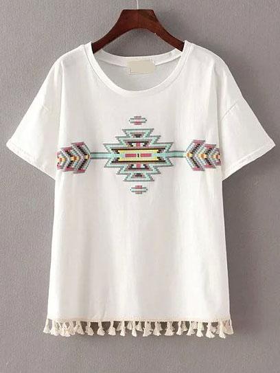 Romwe Tribal Print Fringe Edge T-shirt
