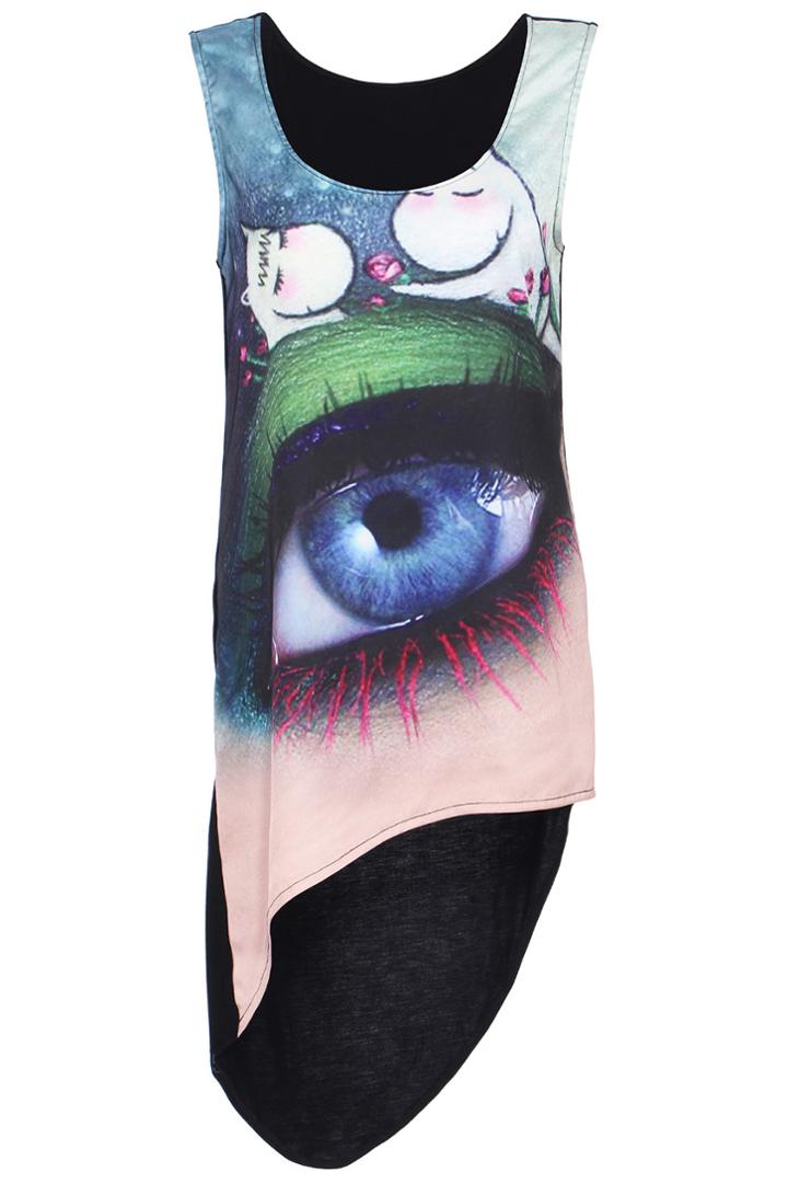 Romwe Romwe One Green Eye Print Asymmetrical Vest