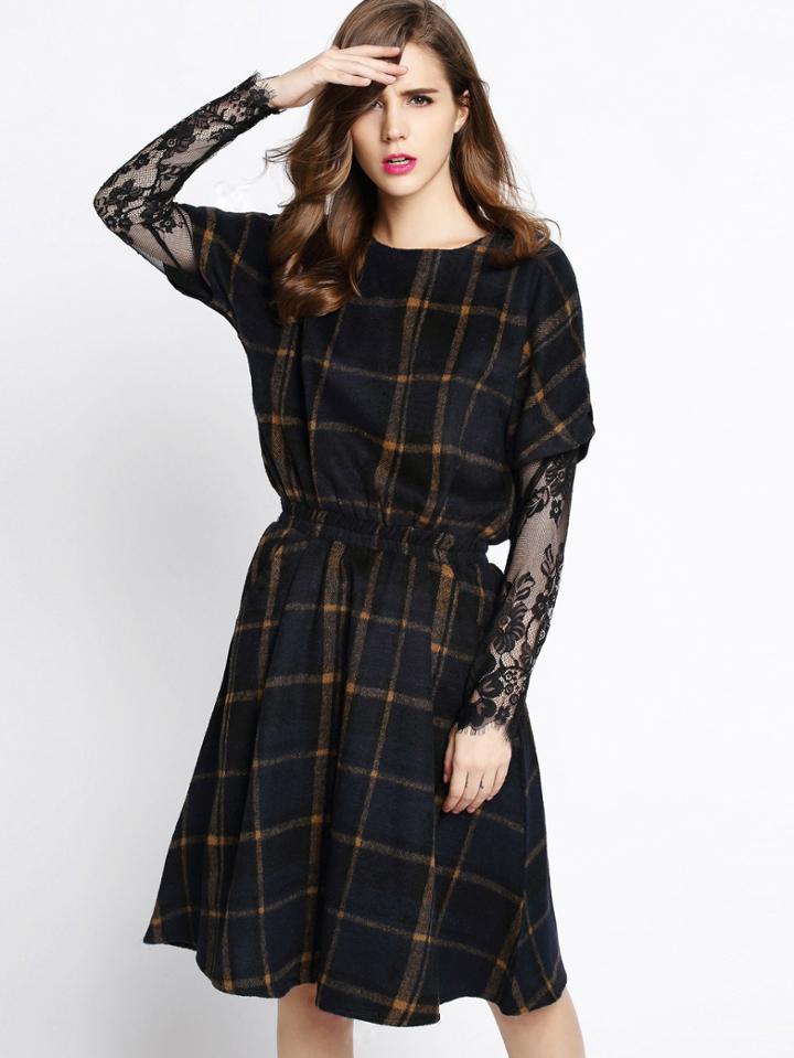 Romwe Round Neck Contrast Lace Plaid Dress