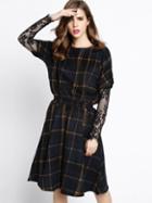 Romwe Round Neck Contrast Lace Plaid Dress
