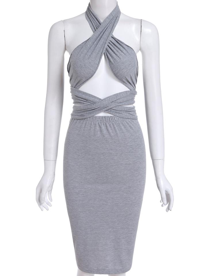 Romwe Halter Backless Knotted Bodycon Dress