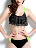 Romwe Black Strappy Racerback Flounce Bikini Set