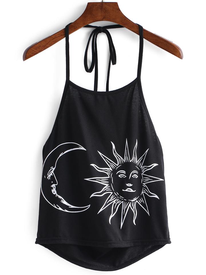 Romwe Halter Sun & Moon Print Cami Top