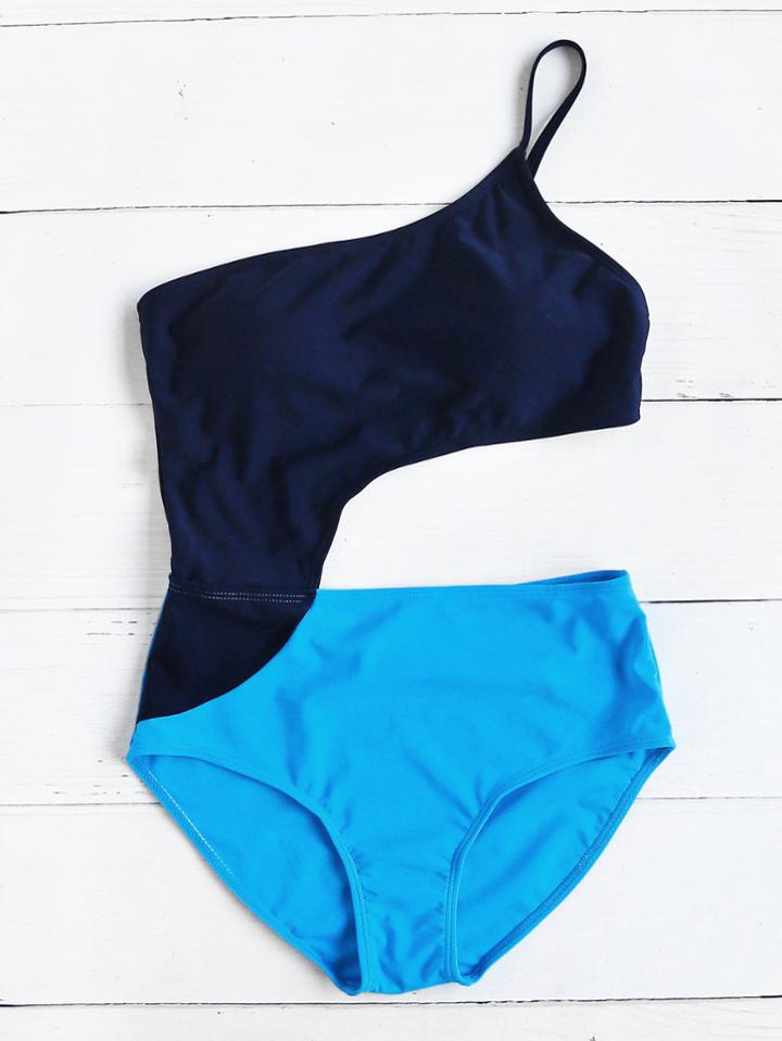 Romwe Two Tone Side Cutout One Shoulder Swimsuit